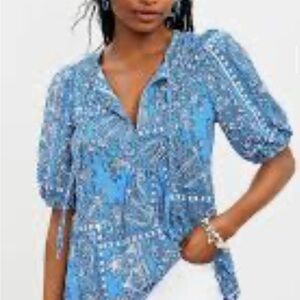 LOFT Blue Asymmetrical Puff Sleeve Blouse